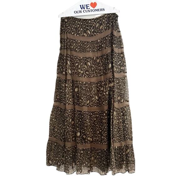 Laundry Shelli Segal Brown 100% Silk Maxi Skirt Tiered Leopard Animal Print 10 - Picture 1 of 14